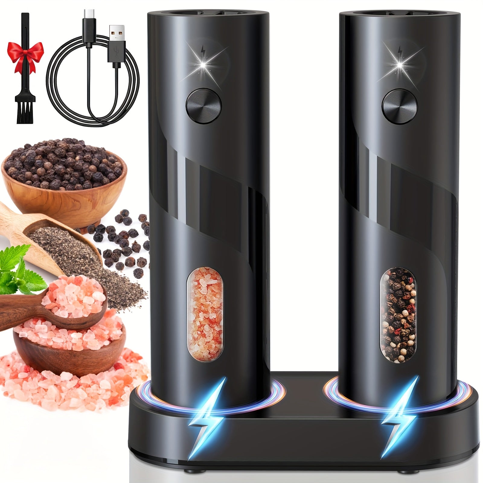 One-Pack and Two-Pack Electric Rechargeable Pepper Grinder Set with Top-Fill Automatic Grinder, Adjustable Coarseness, Large Capacity Easy Load, LED Light for Home Kitchen