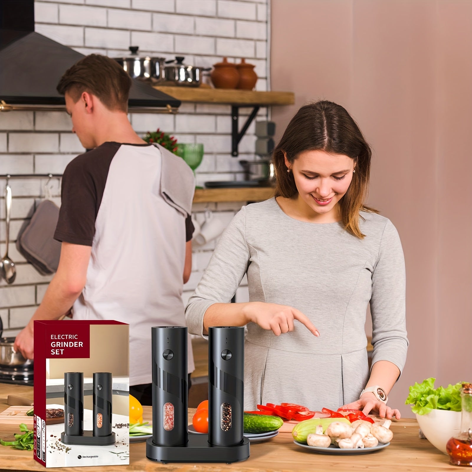 One-Pack and Two-Pack Electric Rechargeable Pepper Grinder Set with Top-Fill Automatic Grinder, Adjustable Coarseness, Large Capacity Easy Load, LED Light for Home Kitchen
