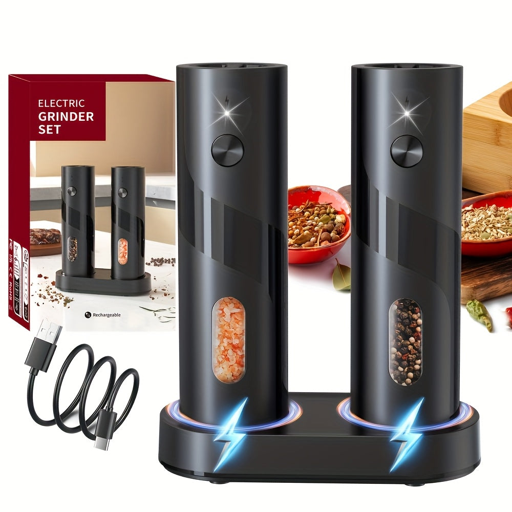 One-Pack and Two-Pack Electric Rechargeable Pepper Grinder Set with Top-Fill Automatic Grinder, Adjustable Coarseness, Large Capacity Easy Load, LED Light for Home Kitchen